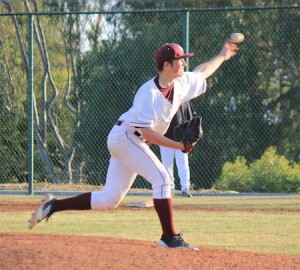 Senior pitcher Kurt Rebone delivers a pitch during his complete game victory over Troy of Fullerton in the Breakers third round game of the Newport Elks Tournament at Skipper Carrillo Field.
