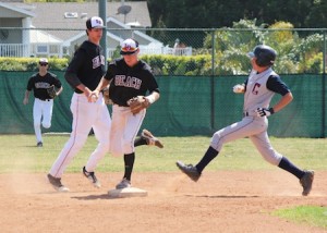 Senior second baseman Robbie McInerny steps on second for the final out of Laguna’s 4-2 win over Capistrano Valley Christian at Skipper Carrillo Field.