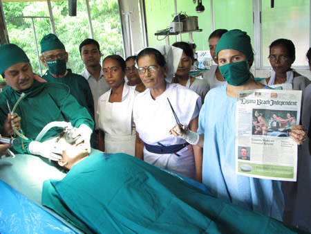 Alia Manetta among the surgeons and nurses at Sundari Mohan Seva Bhawan Hospital, where she has volunteered the past two summers.  