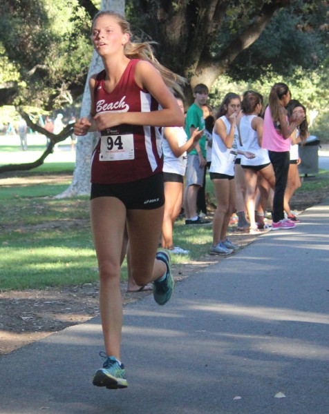 Number six runner Janie Crawford proved to be the difference, finishing 12th overall to break a 30-30 tie with Godinez to give the varsity girls the win at the Orange Coast League cluster meet in Irvine Regional Park Sept. 24. Photos courtesy of  Laguna Beach Cross Country.