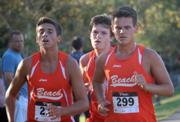 Drake Butler, Liam Corrigan and Mason Pitz helped the boys varsity to an easy win over Godinez at the Orange Coast League cluster meet in Irvine Regional Park Sept. 24. 