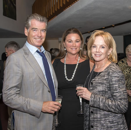 Linda Purl, right, with Pierce Brosnan and Keely Shaye at a reception following the Laguna Playhouse performance of “The Year of Magical Thinking.”