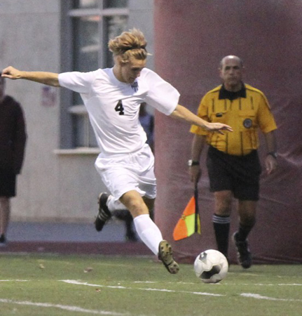 Charlie Warner takes a free kick during Laguna's 3-1 home loss to Santiago on Friday, Dec. 19.