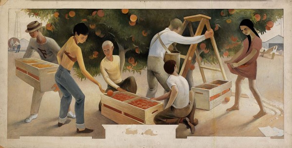 The oil-on-canvas mural “Orange Pickers” commissioned by the Works Progress Administration of artist Paul Julian depicts Fullerton industries including citrus, oil and aviation. This government program provided needy artists with work. 