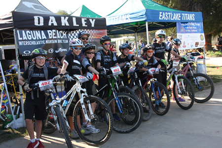 The Laguna Beach mountain bike team participated in their first Interscholastic Cycling Association race Saturday at Vail Lake in Temecula. Eight middle school riders completed the 6.6-mile course with one top 10 finish among the girls. Team Director Tony Zentil said, "It was our first race and everybody finished strong with smiles all around. Can't wait for the next one."  Photo by Sharael Kolberg 