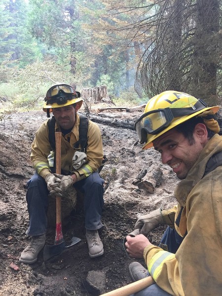 From left, fire engineer Brian Sarjeant and firefighter paramedic Zack DeJohn, were among 10 Laguna firefights who last week returned from battling the Willow Fire in Northern California.  Photo courtesy of the LB fire department.