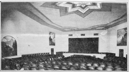 An early image of Laguna's downtown theater showing the Payne murals before it was subdivided in 1978. The source of the image from a published work is not known.