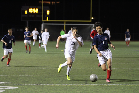 Breaker’s Cole Calabrese, left, on the pitch against Beckman, defeated by Laguna 1-0 Dec. 2.