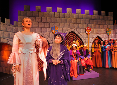 Cameron Anderson, from left, responds to cast members Will Purdy, Carmen Fernandez and Nils Wilson in the Laguna Beach High School production of "Once Upon a Mattress," which concludes with 7:30 p.m. performances Friday and Saturday, March 18-19 and 2:30 p.m. Sunday, March 20. Photo by Marilynn Young.