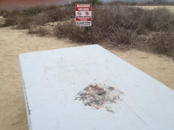 The remains of a fire set within feet of a hazard sign near the entry to Alta Laguna Park.