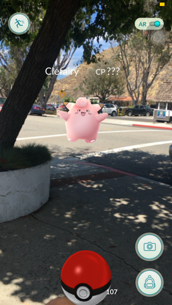 A "Clefairy" Pokemon being caught on Forest Avenue in downtown Laguna. 