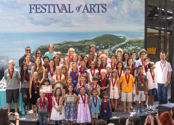 Winners, teachers, sponsors and presenters at the 2016 Festival of Arts Junior Art Awards.