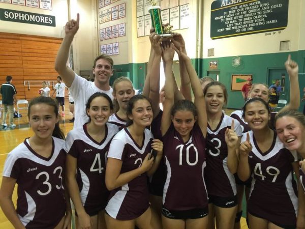 The LBHS girls frosh-soph team exults over their tournament win. 