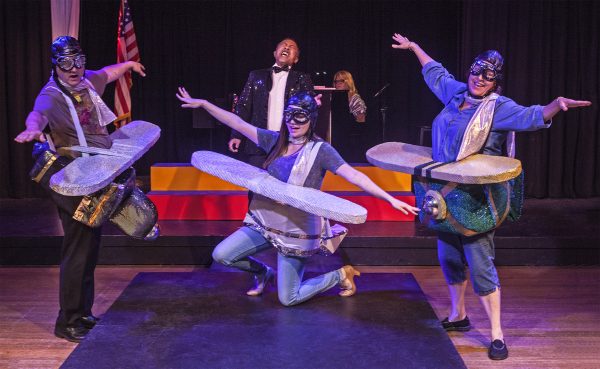 In a scene from No Square Theater’s “Lagunatics,” opening Friday, Oct. 7, “Low Flyers” soloist Rufino Cabang is accompanied by, from left, Rob Harryman, Chloe Lovato and Bree Burgess.  