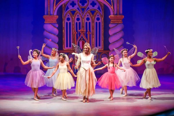 Vonzell Solomon (center) stars with the ensemble of school-age dancers in “Sleeping Beauty.”