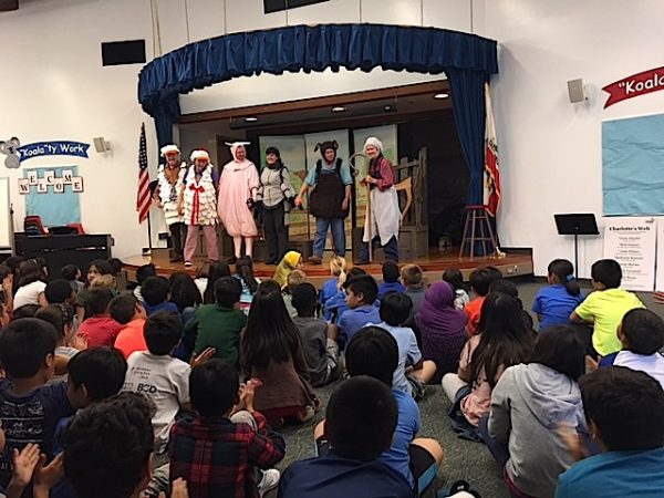 Playhouse’s Youth Theatre cast preps students about the story prior to a  performance at Twila Reid Elementary in Anaheim. 