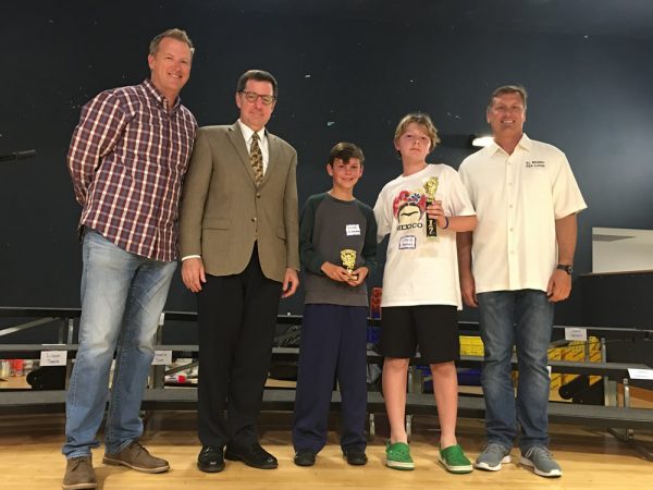 From left, TOW Principal Mike Conlon, emcee and “pronouncer” judge Tom Fay, runner-up Lucas Silverman, Bee Champion Christopher Herkins, and El Morro Principal Chris Duddy.