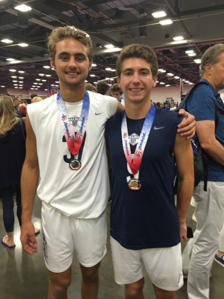 Cole Paxson, left, and Pete Obradovich earned gold medals in the top 18’s Open Division at the Junior Olympics in Columbus, Ohio. Their Balboa Bay 18’s edged 949 18’s, another Orange County team, 25-23, 22-25, 15-10 for the title on July 4. 