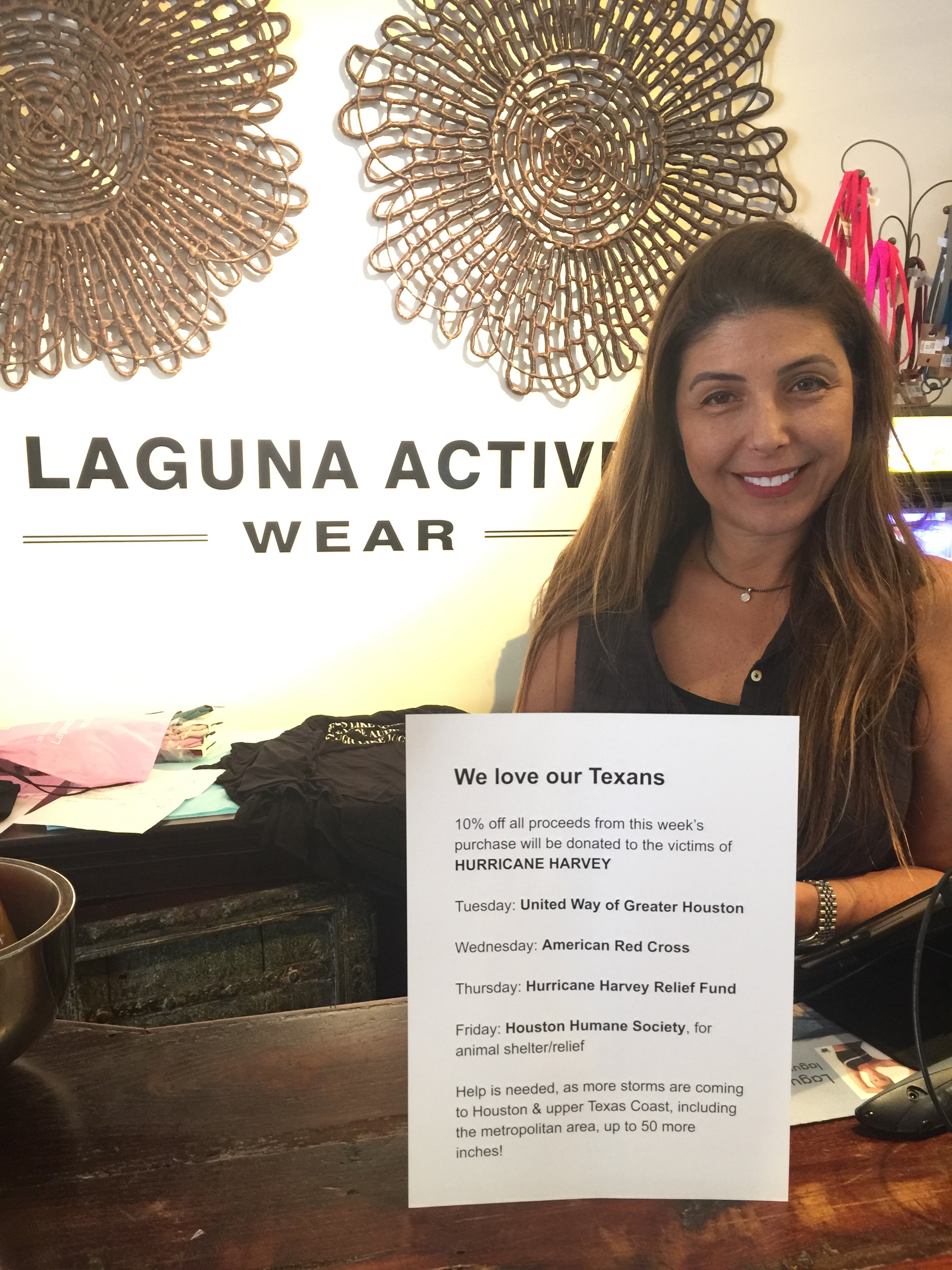 Laguna Beach business owner Gila Liebovitch is pledging 10% of sales for four days from all of her four stores this week to Hurricane Harvey relief. 