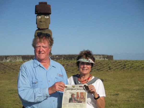 Speed and Shirley Torrance show their sense of humor on Easter Island, off the coast of Chili.