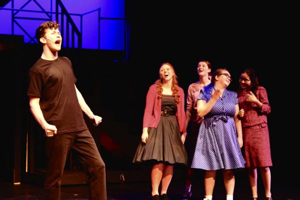 From left, Ian Winefordner, Tia Mills, Zoe Waters, Zoe Bowman and Claire Tigner in “All Shook Up,” opening at the Artists’ Theatre for two weekends.Photo by Celena Marie DelPizzo-Howell. 