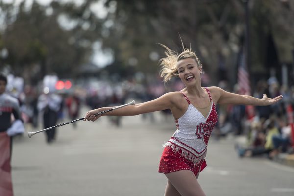 Sophomore Cameron Doan leads the Mater Dei Marching Band of Santa Ana in the 51st edition of the Patriots Day Parade. Photo by Steve Miller.