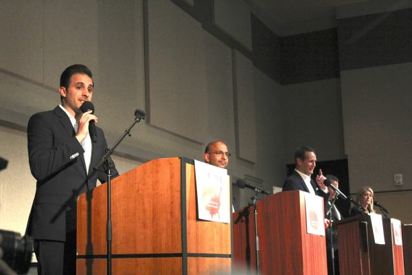 From left, Michael Kotick, Omar Siddiqui, Harley Rouda, Hans Keirstead and Laura Oatman at a candidate forum this week. 