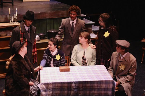 From left, Zoe Bowman, Nils Wilson, Claire Tigner, Luka Salib, Chloe Bryan, Shelby Thomas and Charlie Besso in “The Diary of Anne Frank,” which opens today Friday, May 25, with three performances only through Sunday at Thurston Middle School. Photos by Celena Marie DelPizzo-Howell